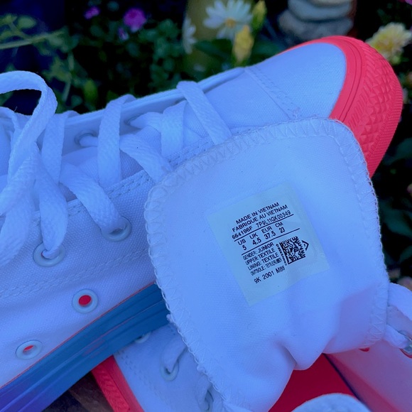 New White & Two-Tone Neon Pink & Turquoise Converse Hi Top Sneakers - Picture 13 of 13
